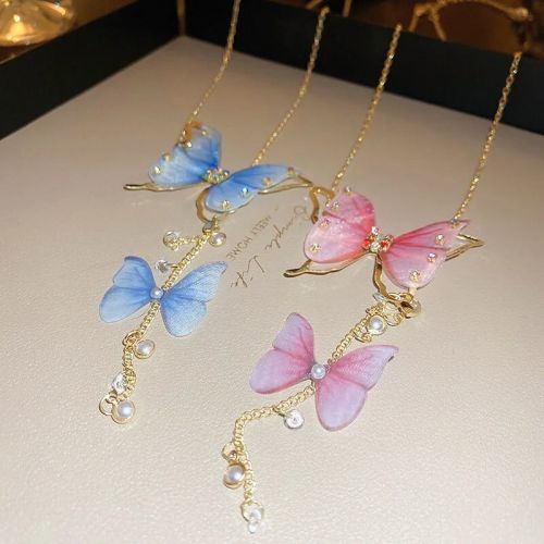 Dainty Tassel Butterfly Pendant Necklace, Butterfly Fringe Necklace | HN3246