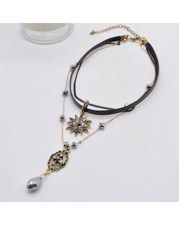 Black Crystal Star Layered Lariat Necklace | HN3067